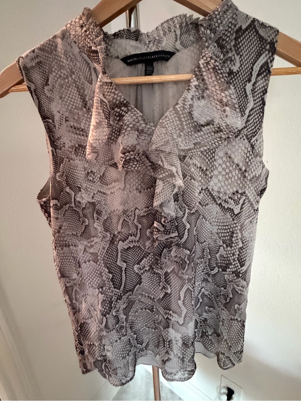 White House Black Market Sleeveless Ruffle Snake-Print Top in Gray and Cream